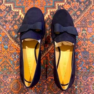 Stuart Weitzman blue velvet bow tie flat loafer